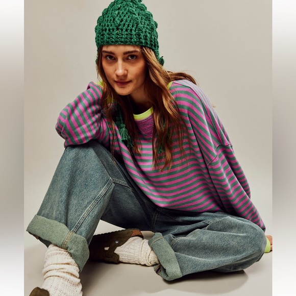 Free People Classic Striped Oversized Crew Pink Combo xs - Picture 4 of 4
